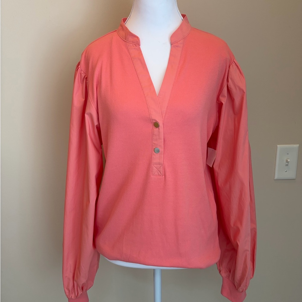 #417 1. State NWT Coral Peach V-Neck Puff Sleeve Blouse - Picture 2 of 11